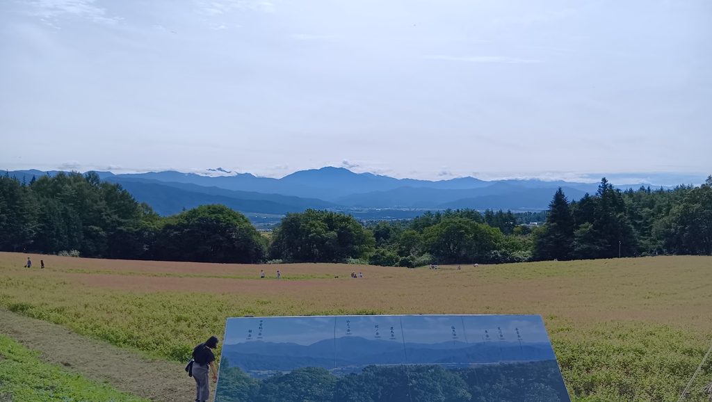 赤そばの里から見える山並みと山の案内板